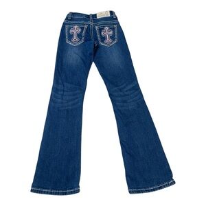 Rockin C Pink Cross Embroidered Pocket Western Bootcut Blue Jeans Girl’s Size 8